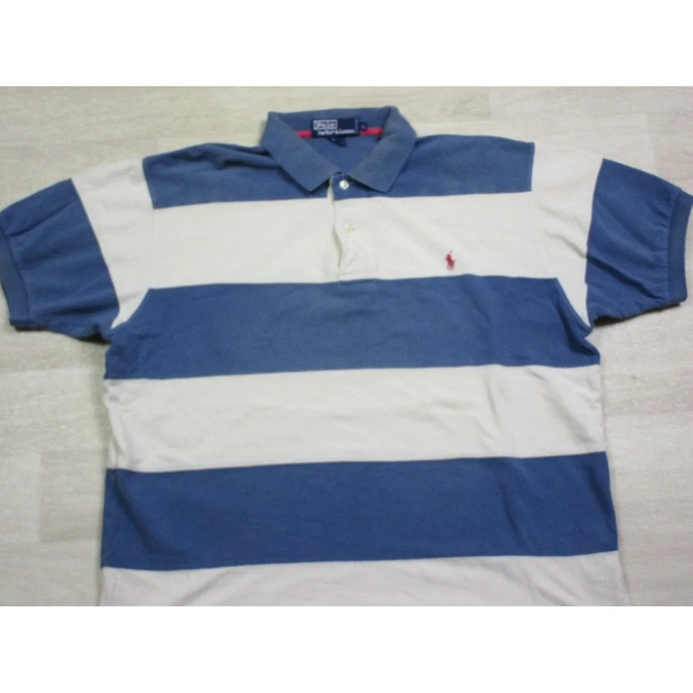 Men's Vintage Polo Ralph Lauren Cut and Sew Striped Polo Shirt‎ (L) Cream & Blue